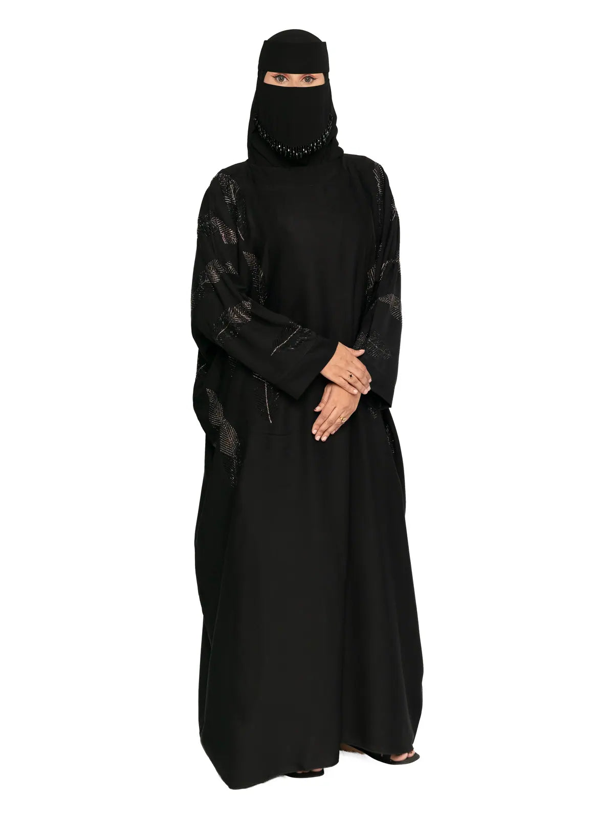 Black Leaf-Embroidered Batwing Abaya in Black