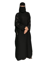 Black Leaf-Embroidered Batwing Abaya in Black