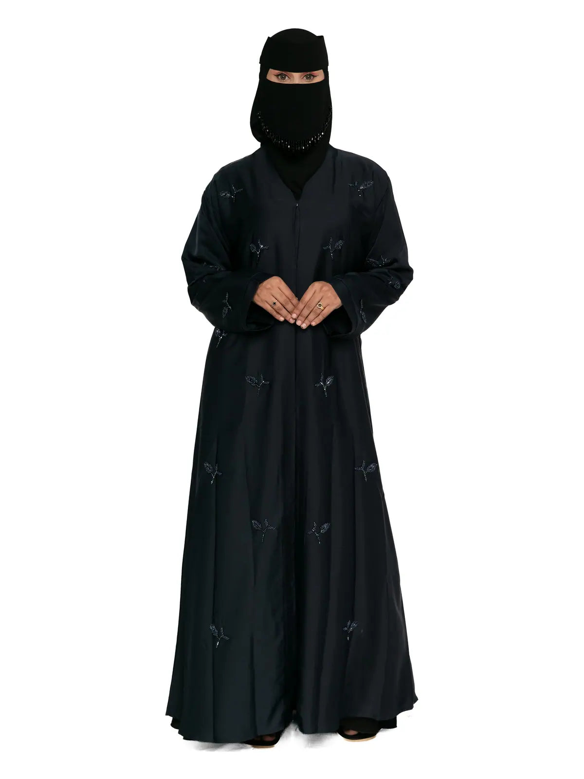 Leaf-Embroidered Abaya in Midnight