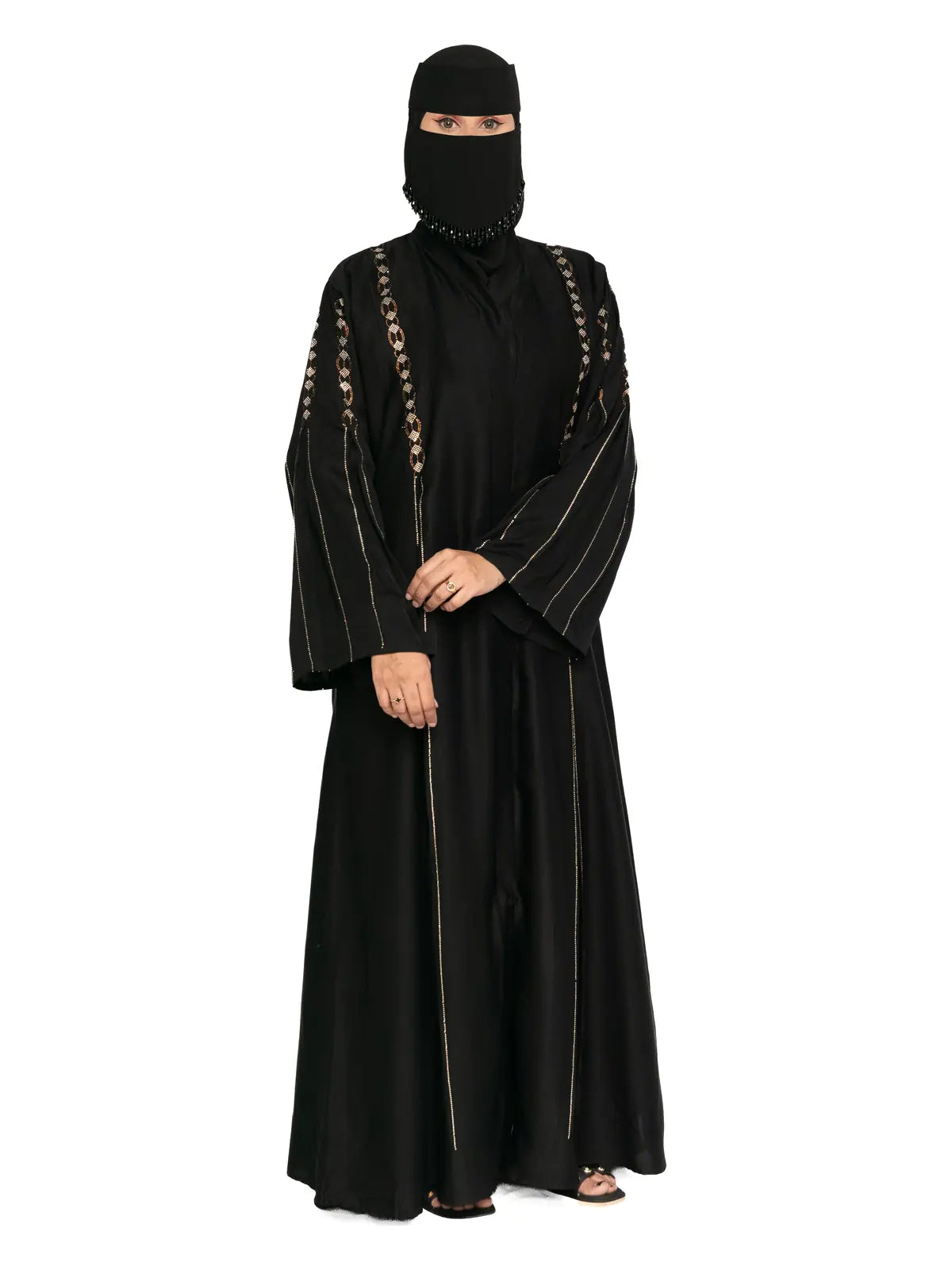 Black Gold-Line Bell-Sleeve Abaya in Black