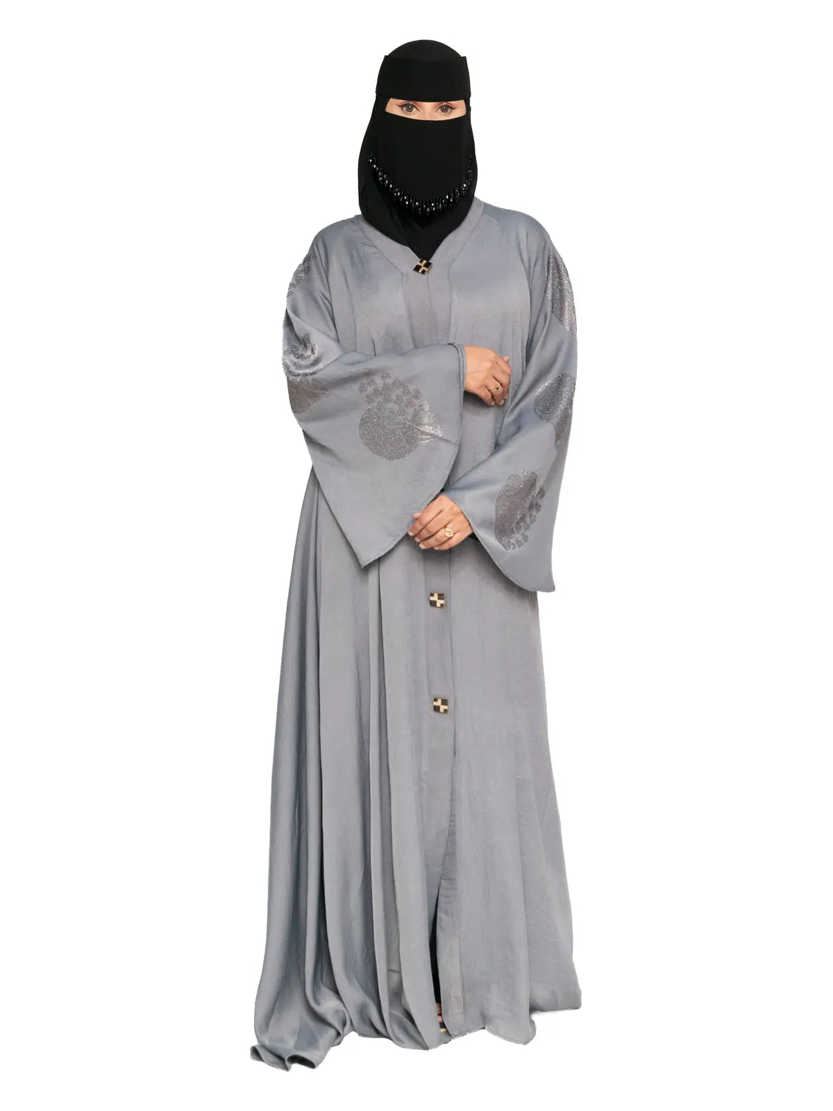 Grey Leaf-Print Bell-Sleeve Abaya in Grey