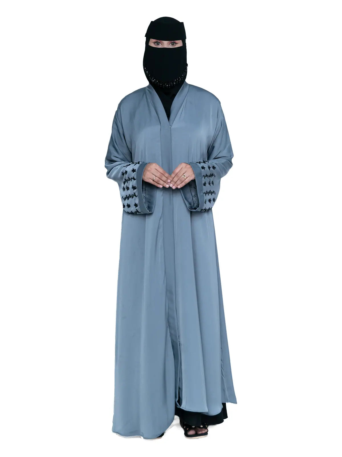 Embroidered-Cuff Abaya in Steel Blue