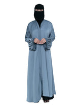 Embroidered-Cuff Abaya in Steel Blue