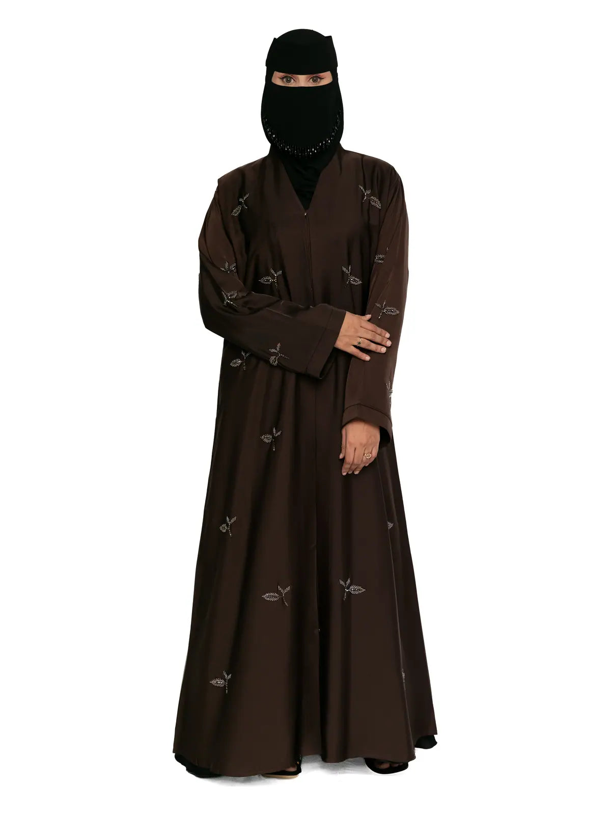 Leaf-Embroidered Abaya in Chocolate
