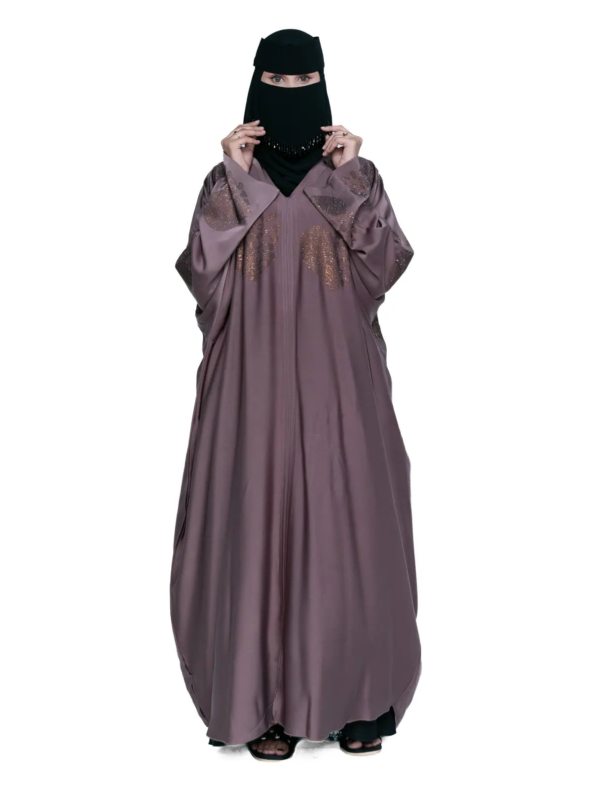 Mauve Gold-Print Batwing Abaya in Mauve