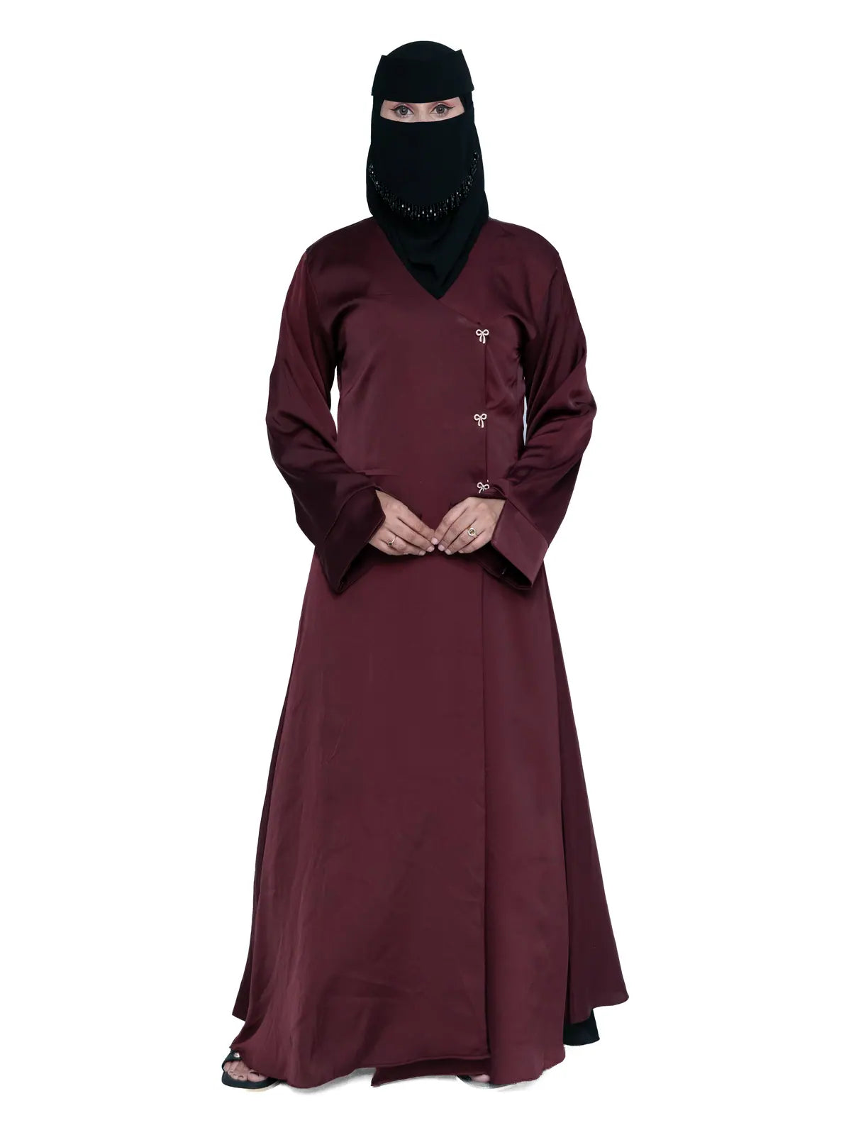 Wrap-Front Abaya in Burgundy
