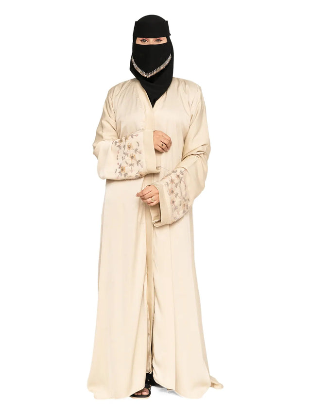 Cream Floral-Sleeve Abaya