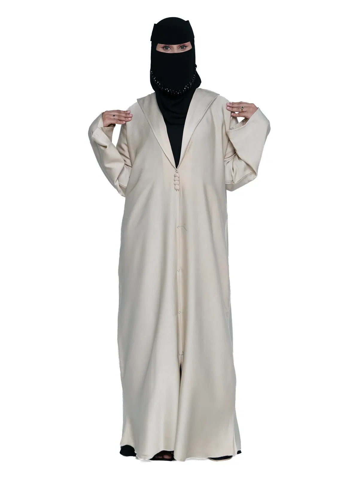 Hooded Button Abaya in Cream