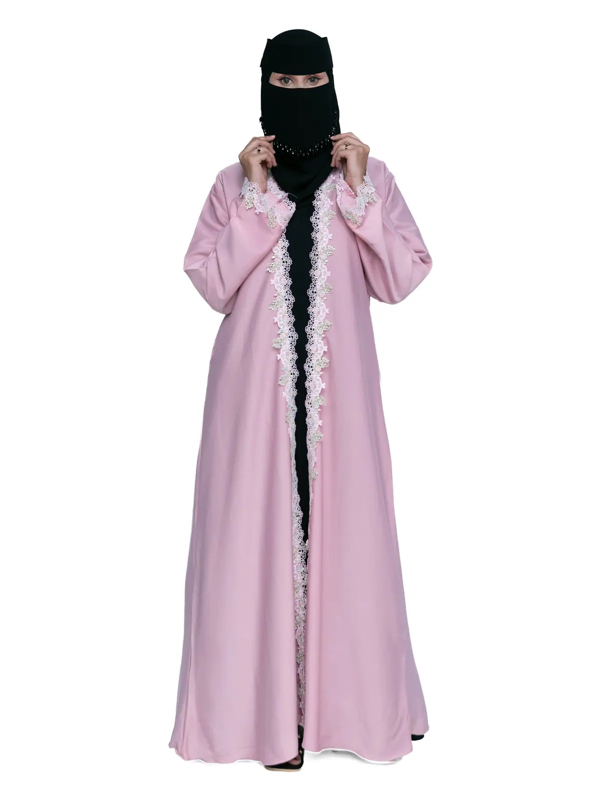 Lace-Trim Open Abaya in Pink