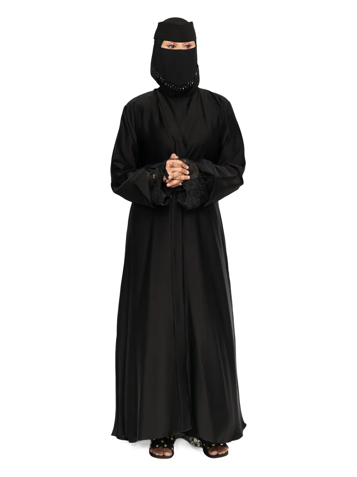 Black Lace-Cuff Abaya in Black