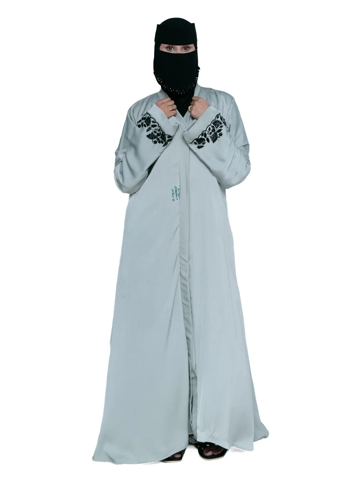 Embroidered-Cuff Abaya in Sage