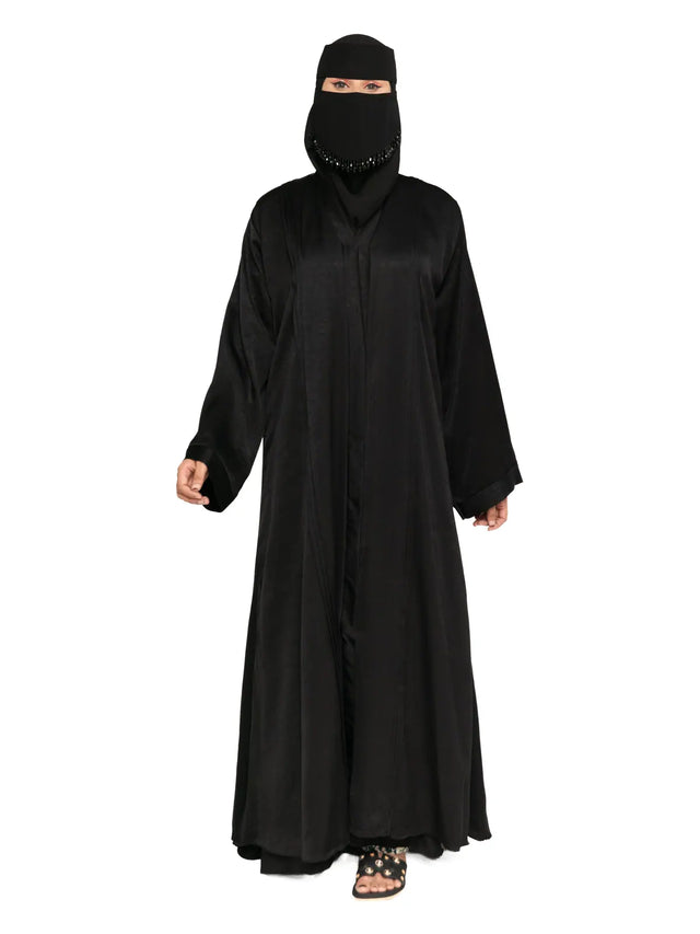 Black Crinkle-Satin Open Abaya
