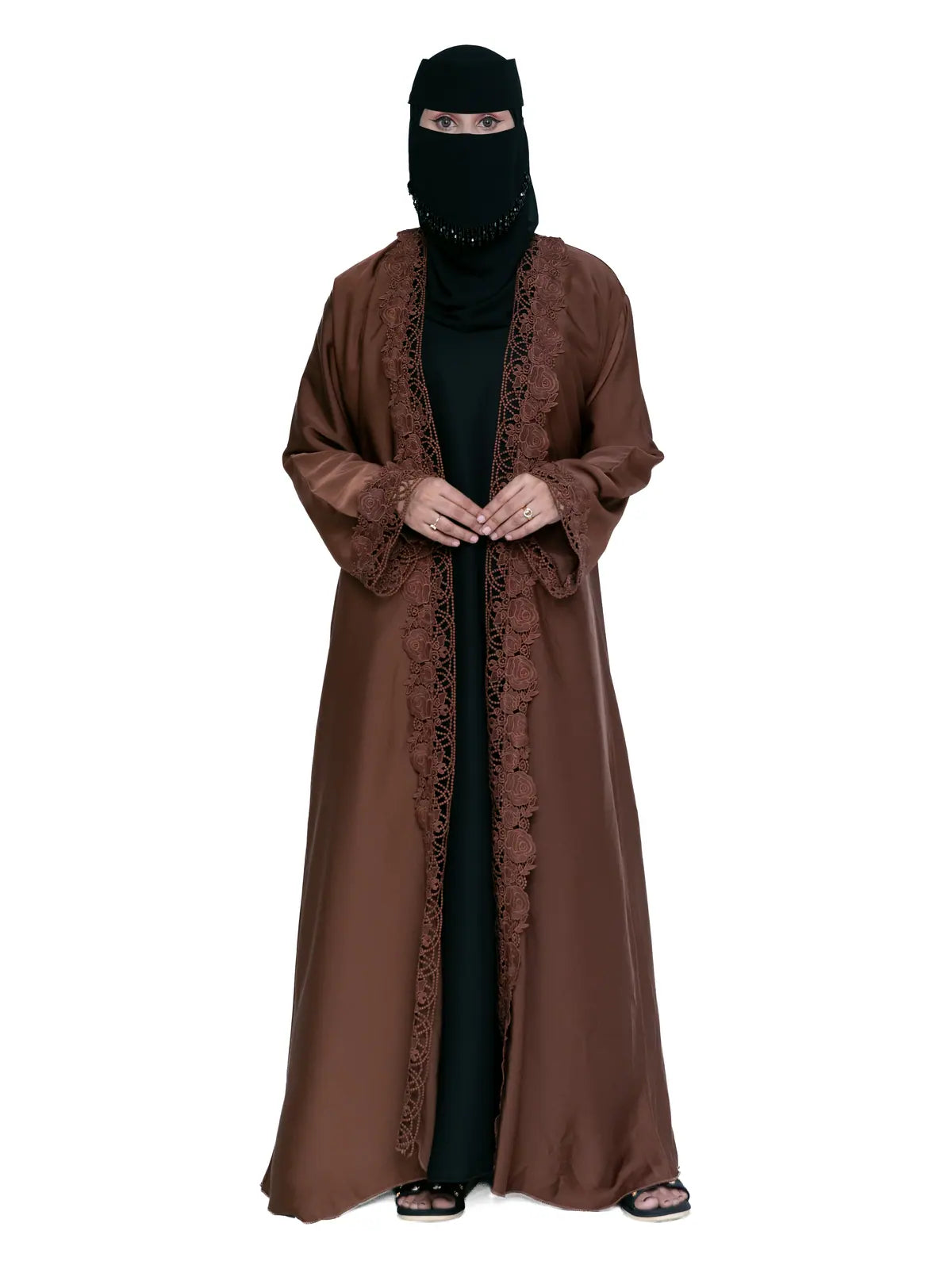 Lace-Trim Open Abaya in Chestnut