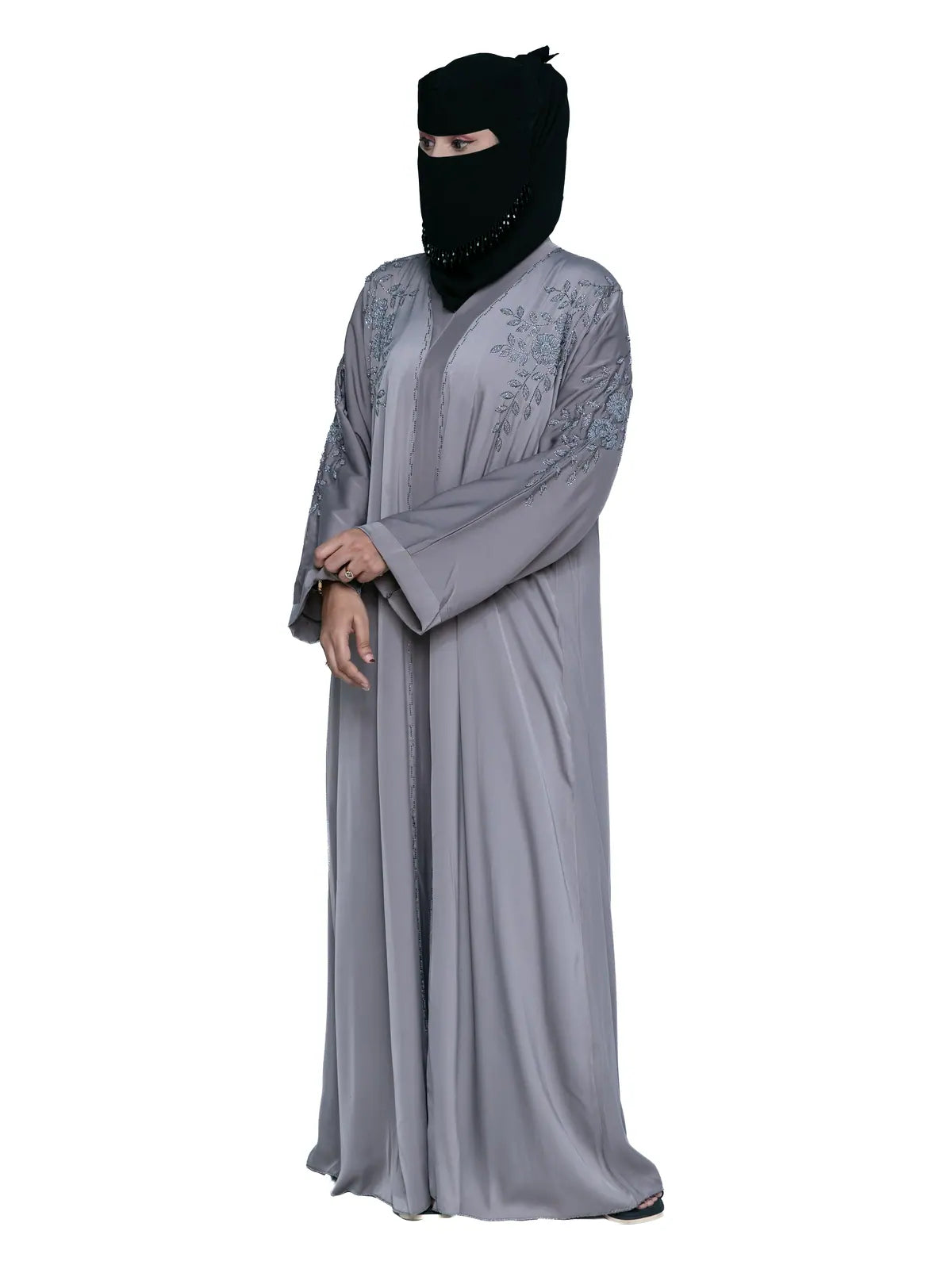 Grey Shoulder-Embroidered Abaya in Grey