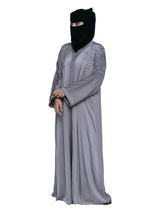 Grey Shoulder-Embroidered Abaya in Grey