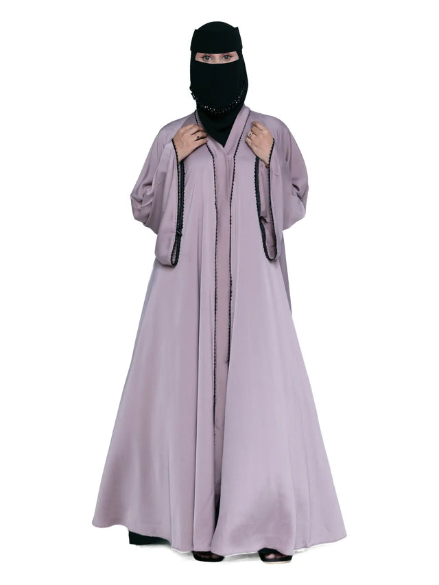 Mauve Piped Cape-Sleeve Abaya