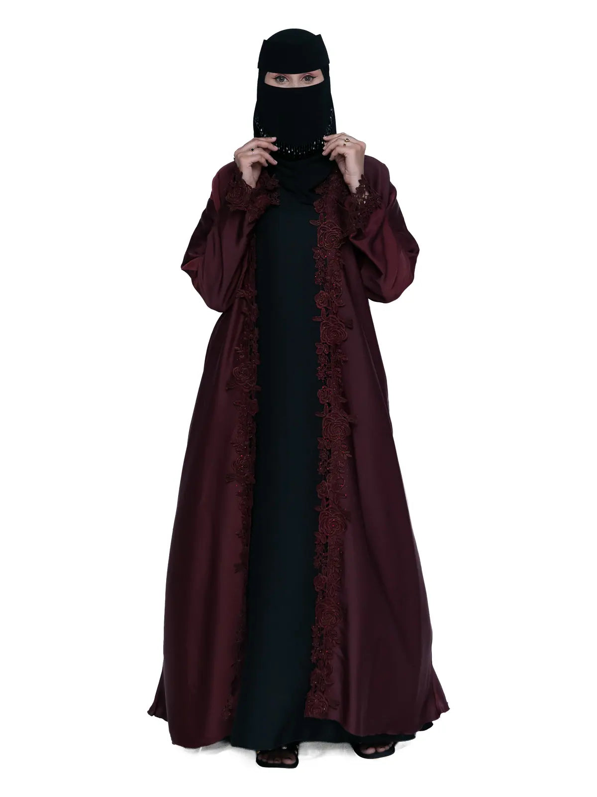 Lace-Trim Open Abaya in Wine