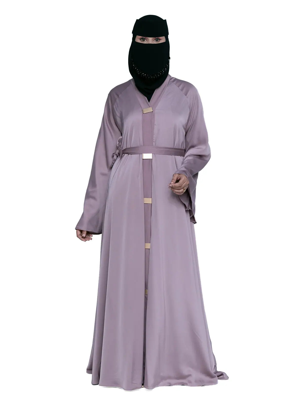 Satin Belted Abaya in Lilac