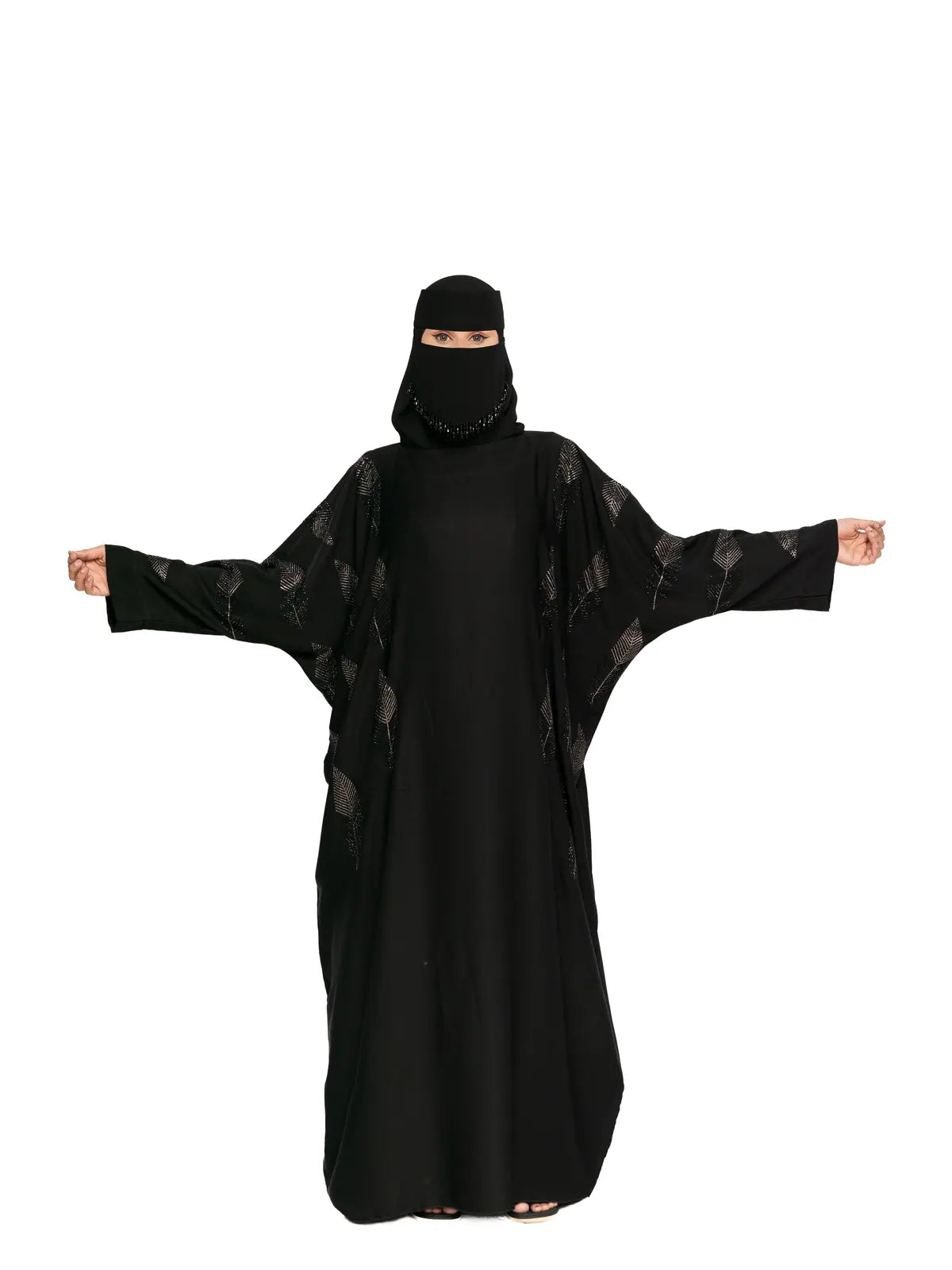 Black Leaf-Embroidered Batwing Abaya in Black