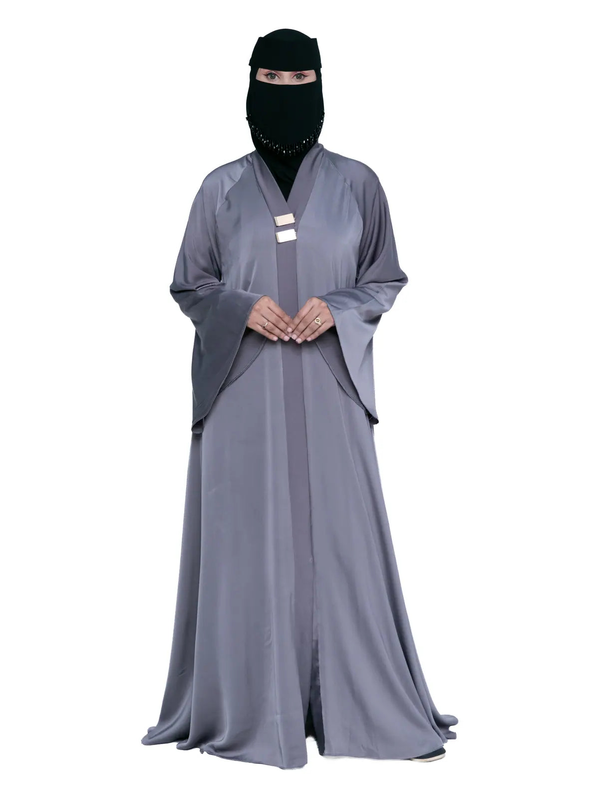 Slate Satin Gold-Bar Abaya in Slate