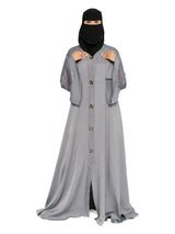 Grey Leaf-Print Bell-Sleeve Abaya in Grey