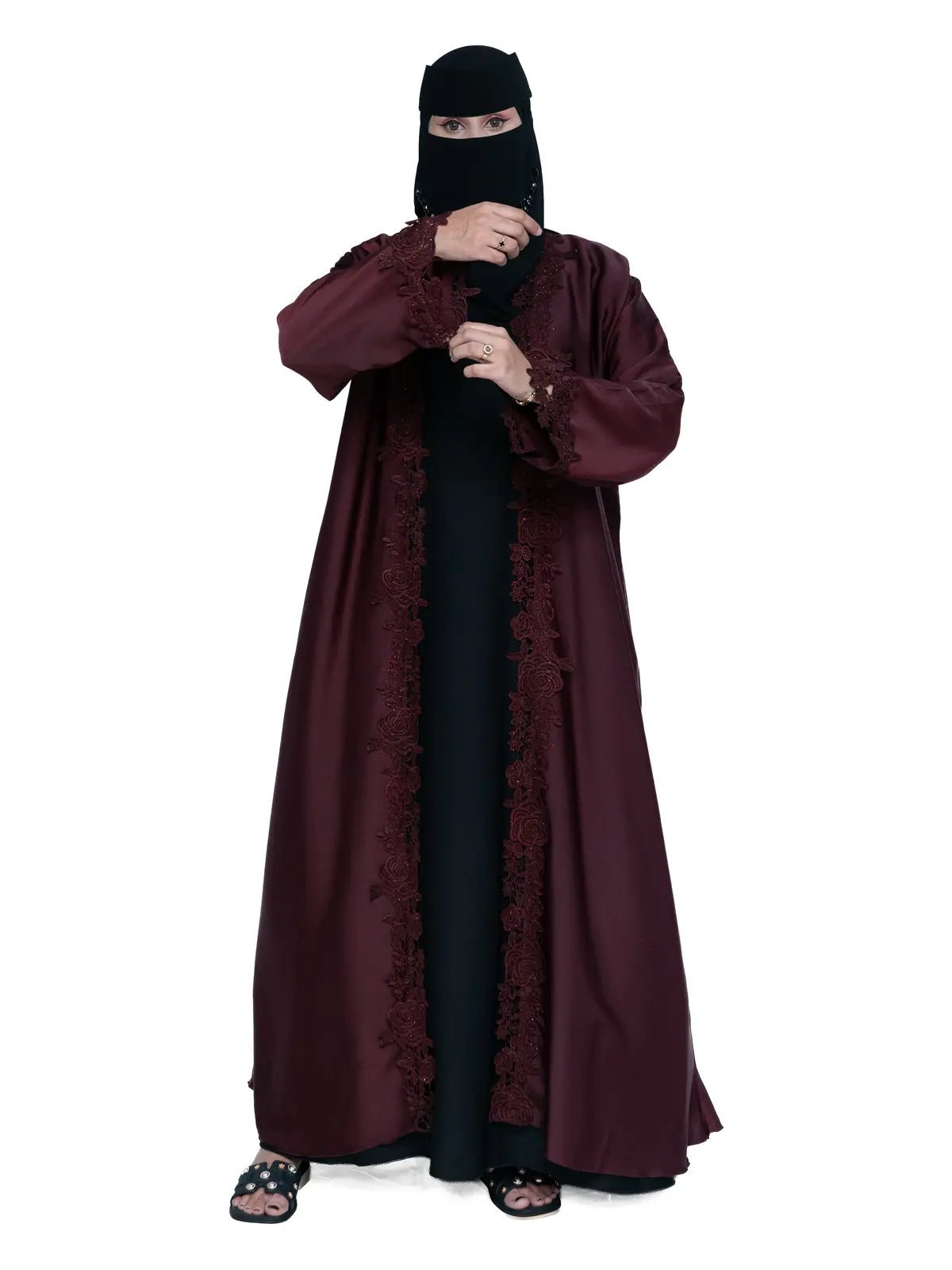Lace-Trim Open Abaya in Wine