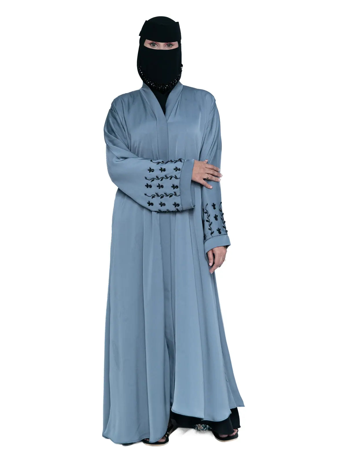 Embroidered-Cuff Abaya in Steel Blue
