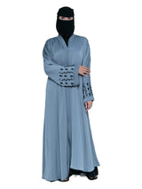Embroidered-Cuff Abaya in Steel Blue