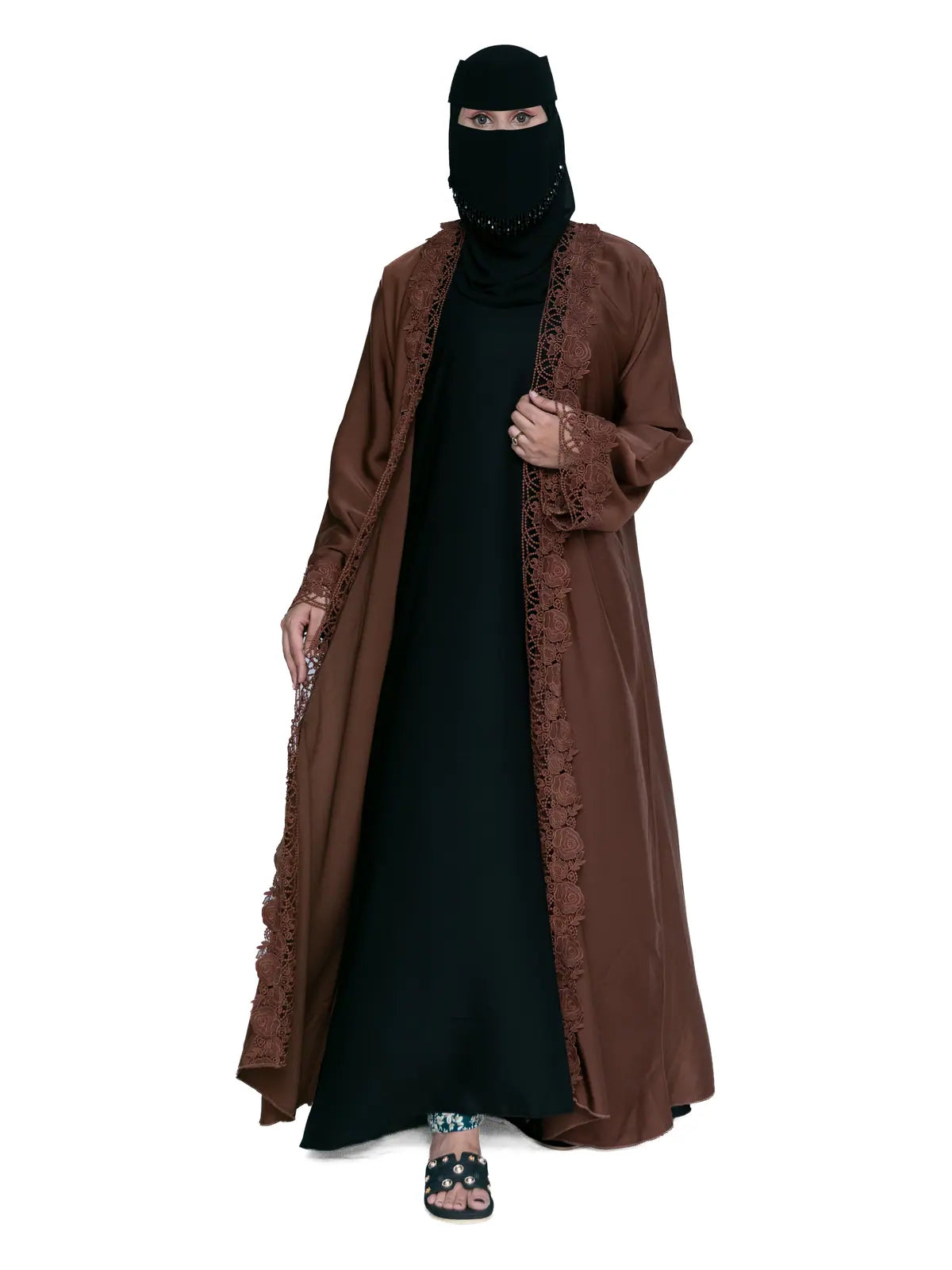Lace-Trim Open Abaya in Chestnut