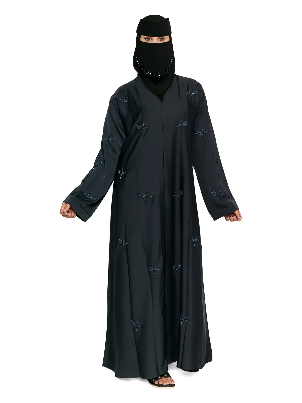 Leaf-Embroidered Abaya in Midnight