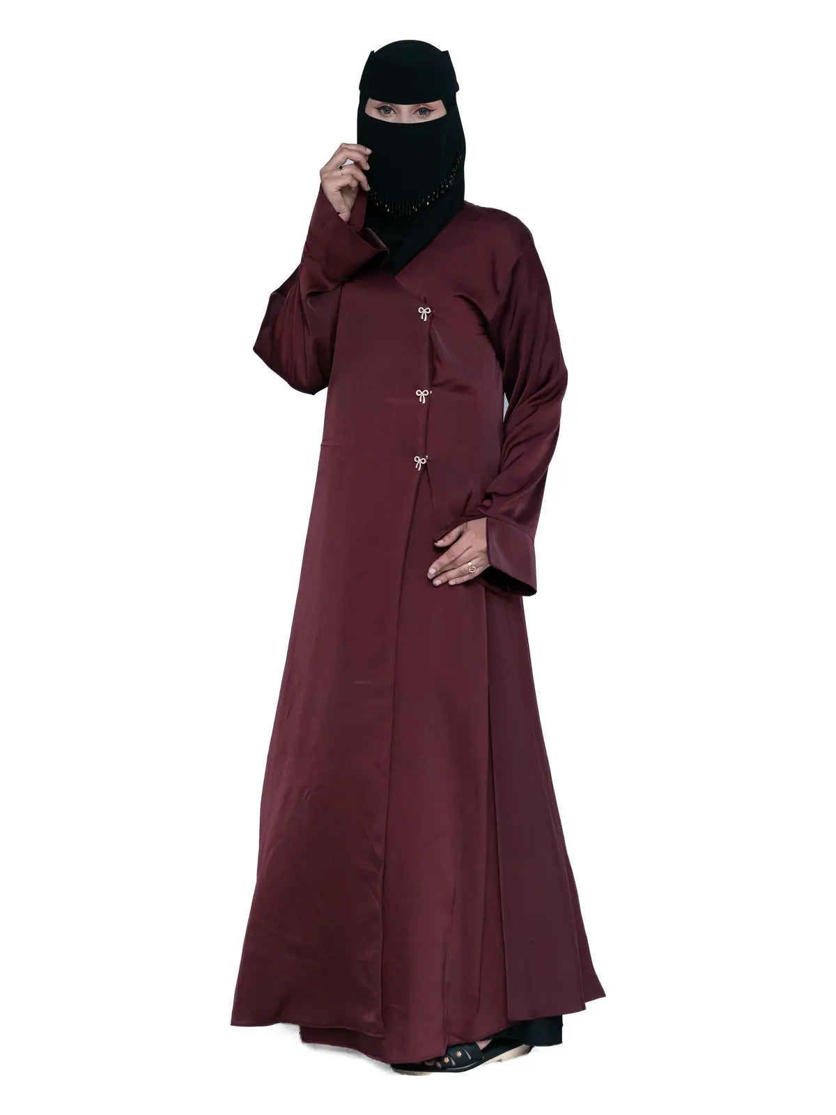 Wrap-Front Abaya in Burgundy