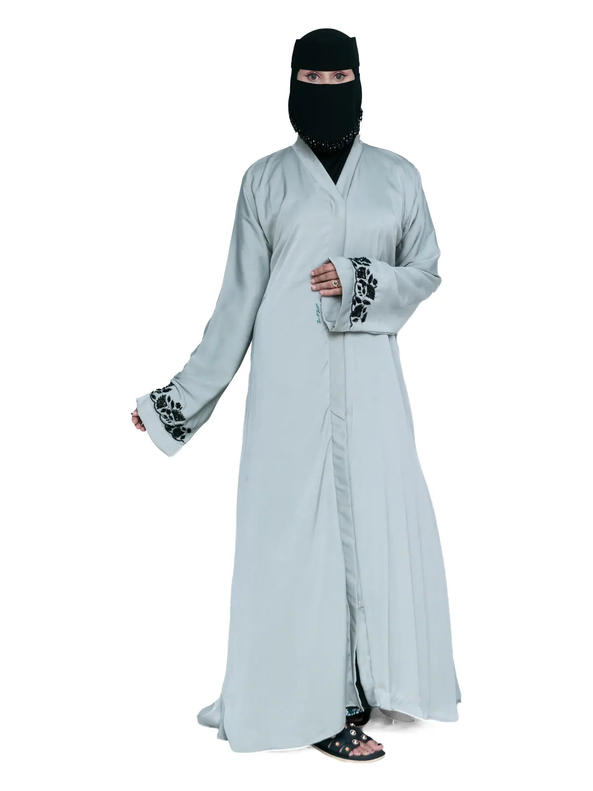 Embroidered-Cuff Abaya in Sage