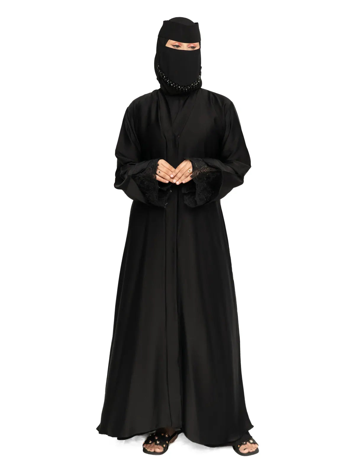 Black Lace-Cuff Abaya in Black