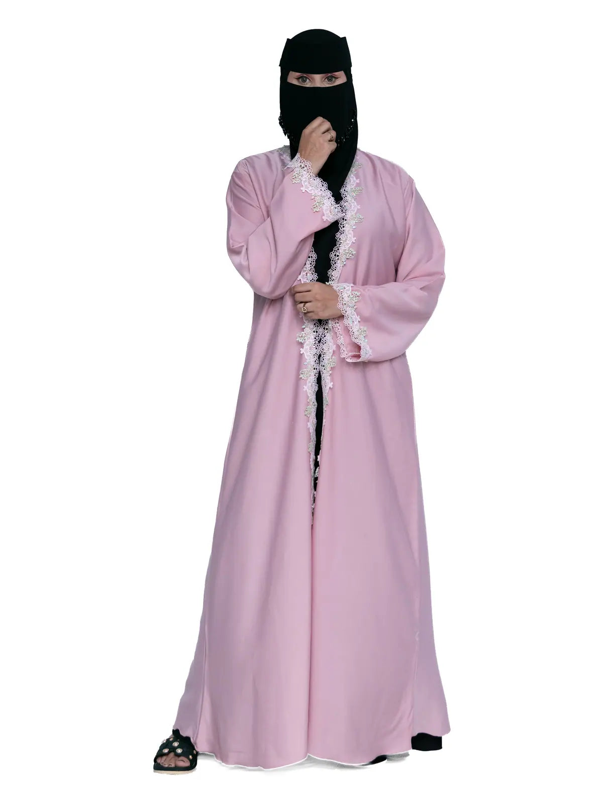 Lace-Trim Open Abaya in Pink