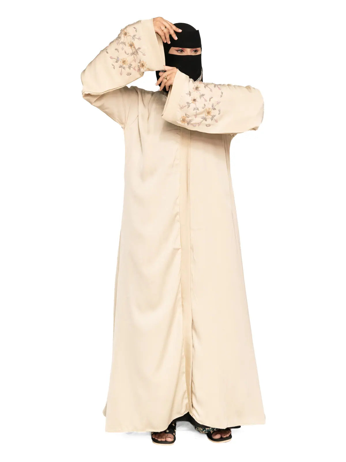Cream Floral-Sleeve Abaya in Cream