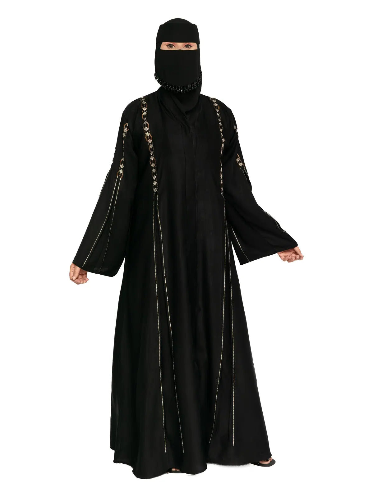 Black Gold-Line Bell-Sleeve Abaya in Black