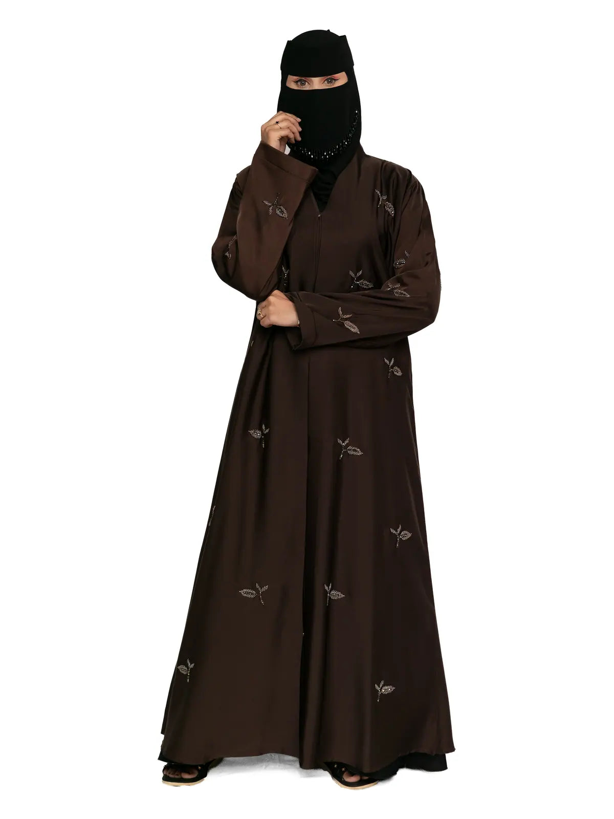 Leaf-Embroidered Abaya in Chocolate