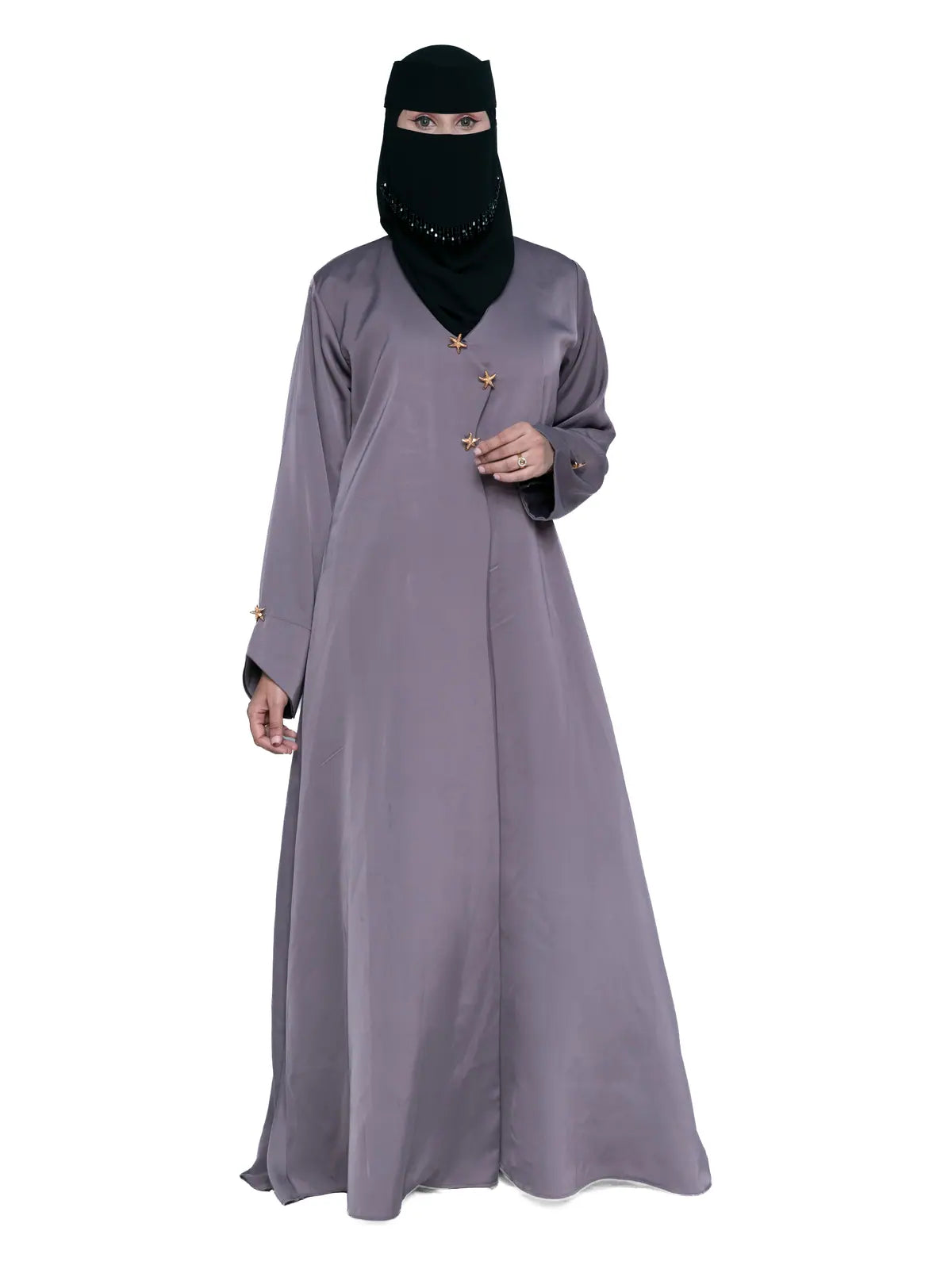 Grey Mauve Star-Button Wrap Abaya in Grey Mauve