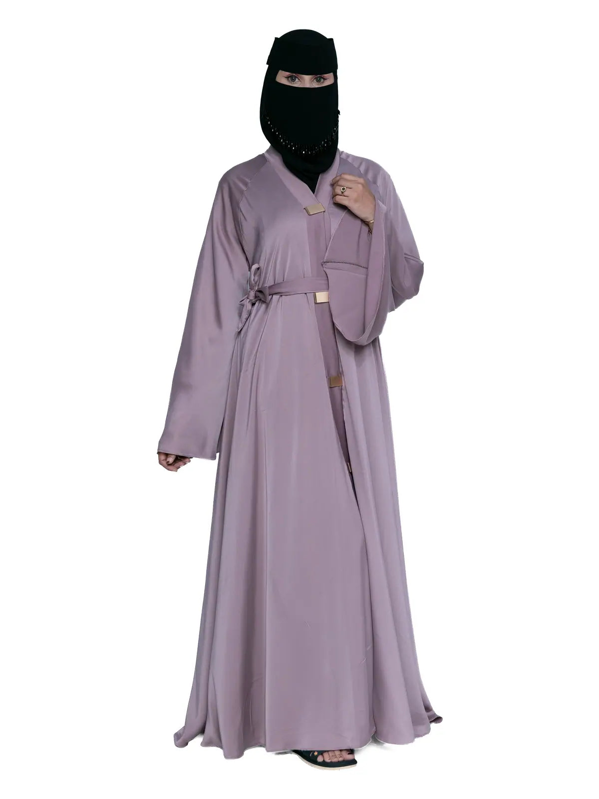 Satin Belted Abaya in Lilac