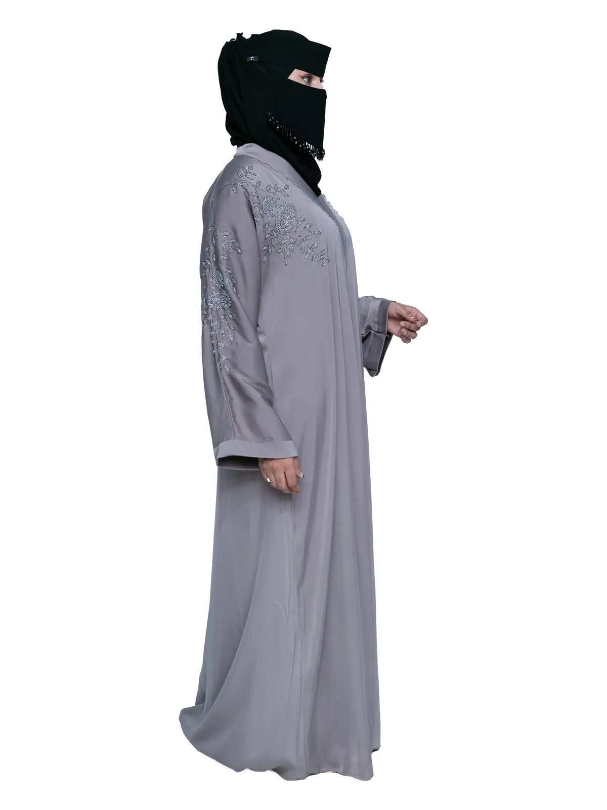 Grey Shoulder-Embroidered Abaya in Grey