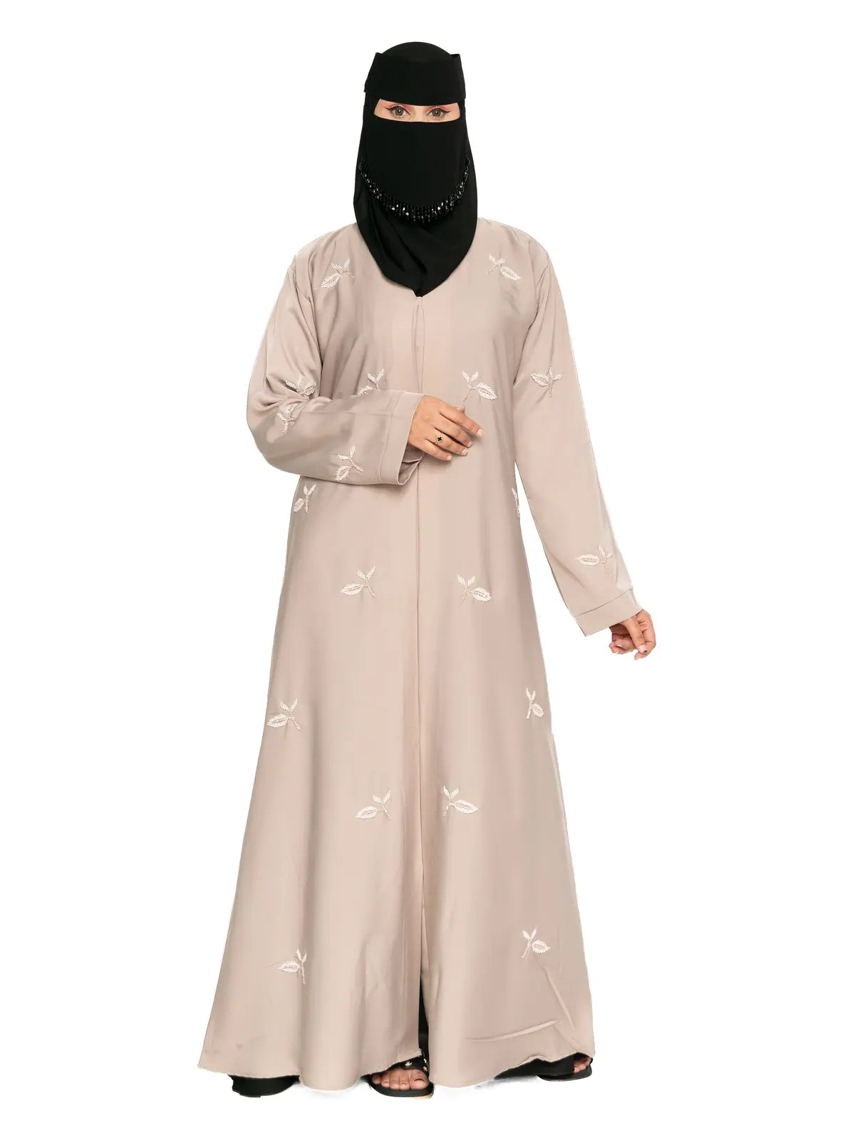 Leaf-Embroidered Abaya in Oat