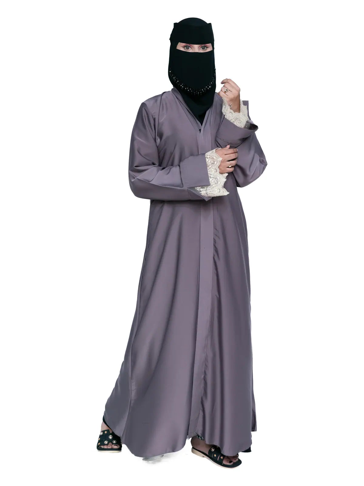 Lilac Lace-Cuff Abaya in Lilac