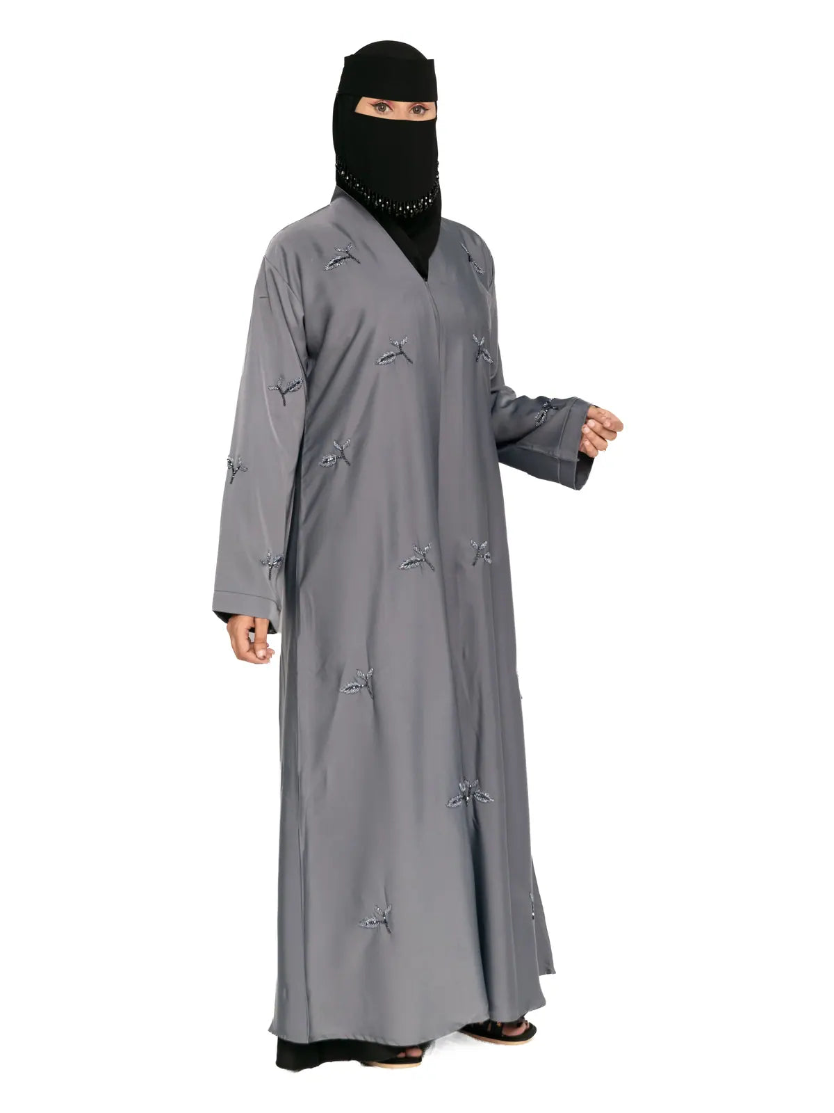 Leaf-Embroidered Abaya in Grey