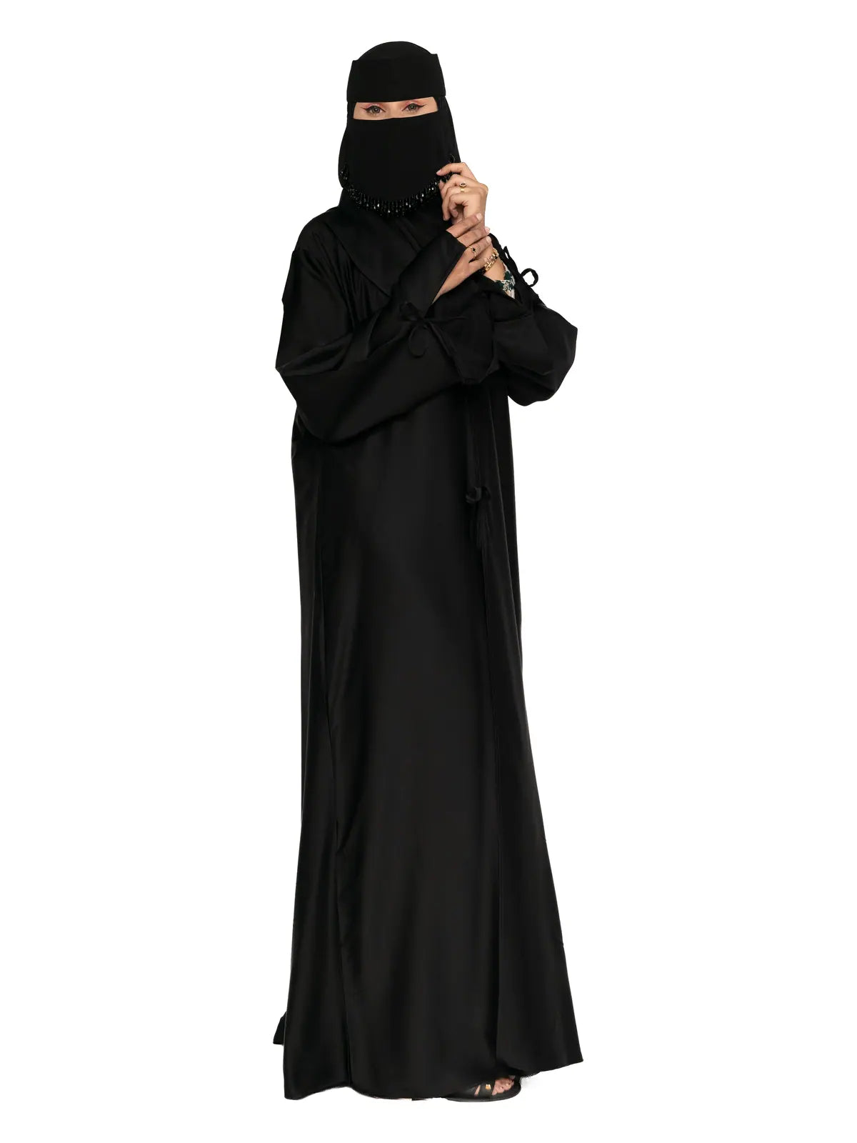 Black Tie-Front Abaya in Black