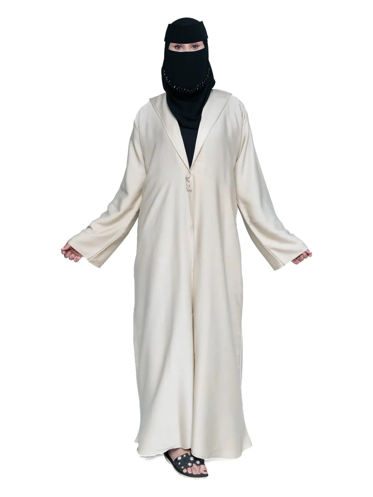 Hooded Button Abaya in Cream