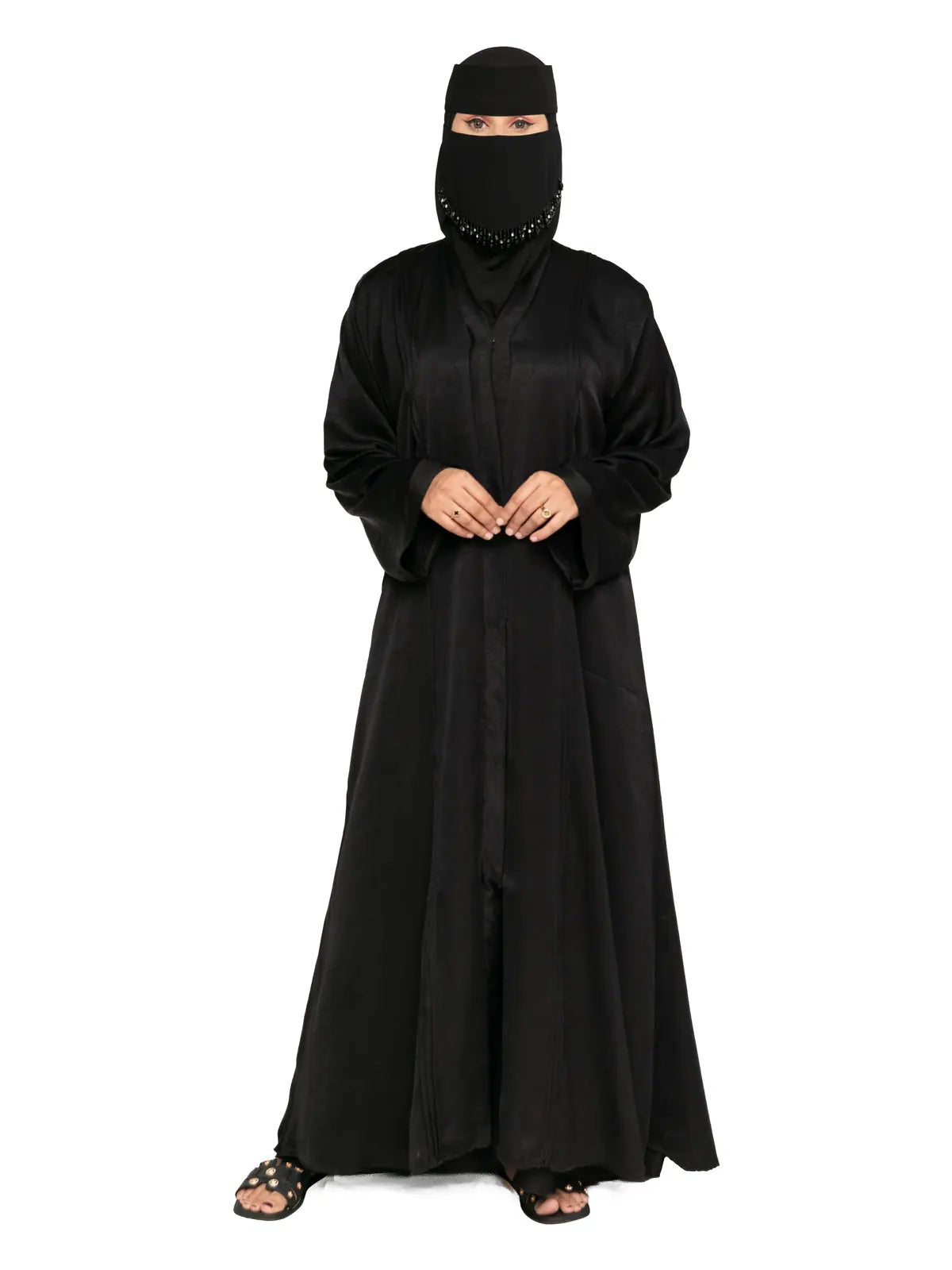 Black Crinkle-Satin Open Abaya in Black