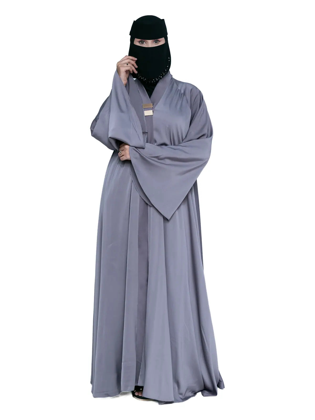Slate Satin Gold-Bar Abaya in Slate