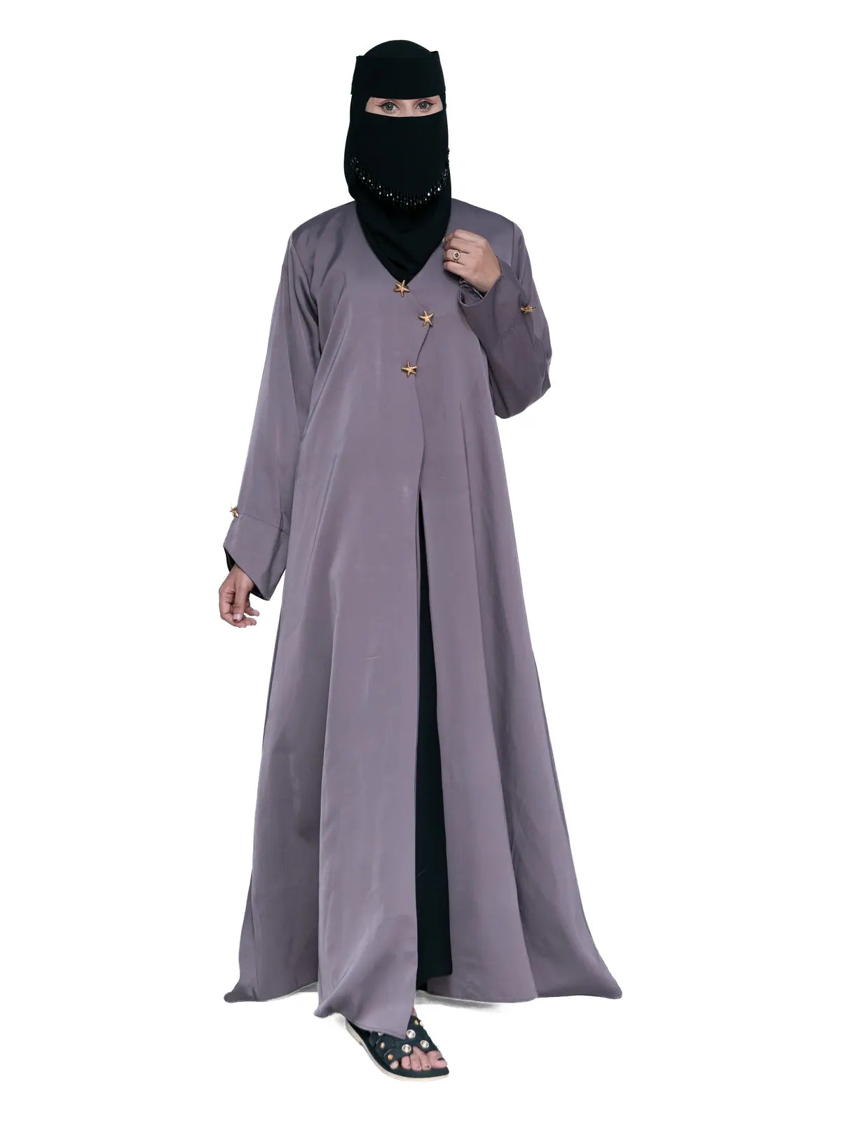Grey Mauve Star-Button Wrap Abaya in Grey Mauve
