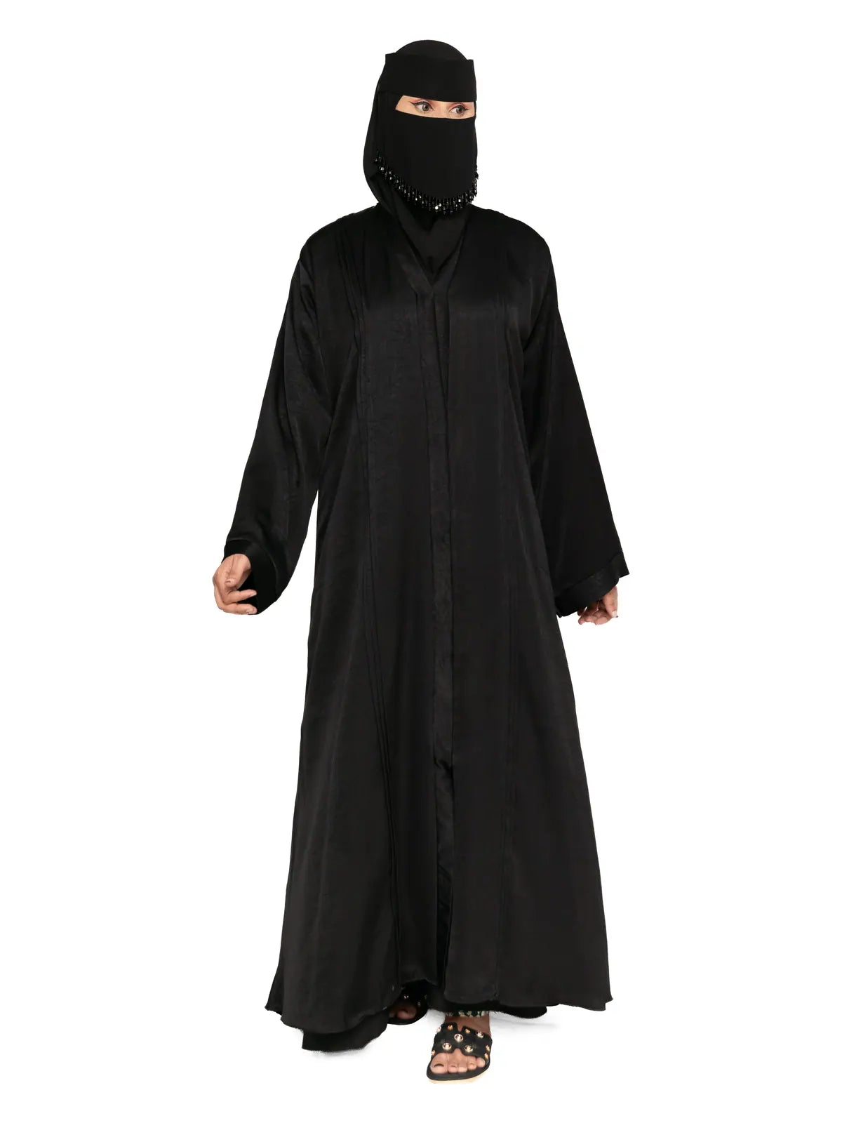 Black Crinkle-Satin Open Abaya in Black