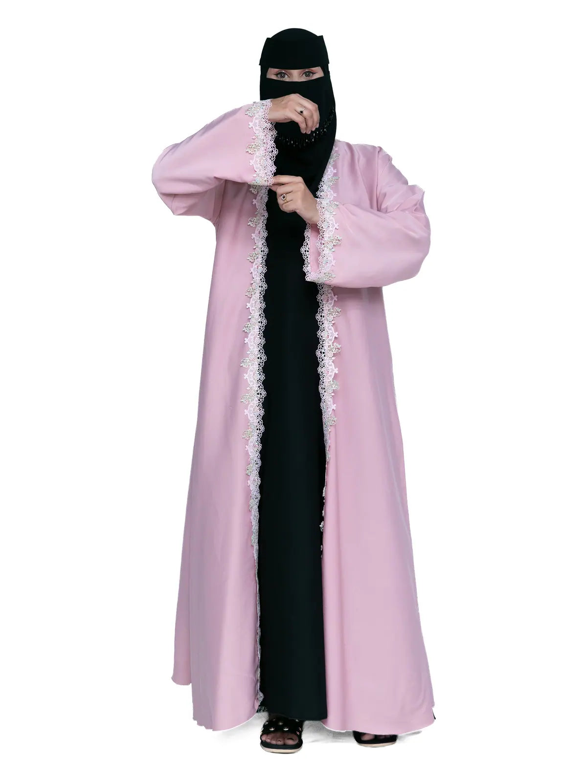 Lace-Trim Open Abaya in Pink